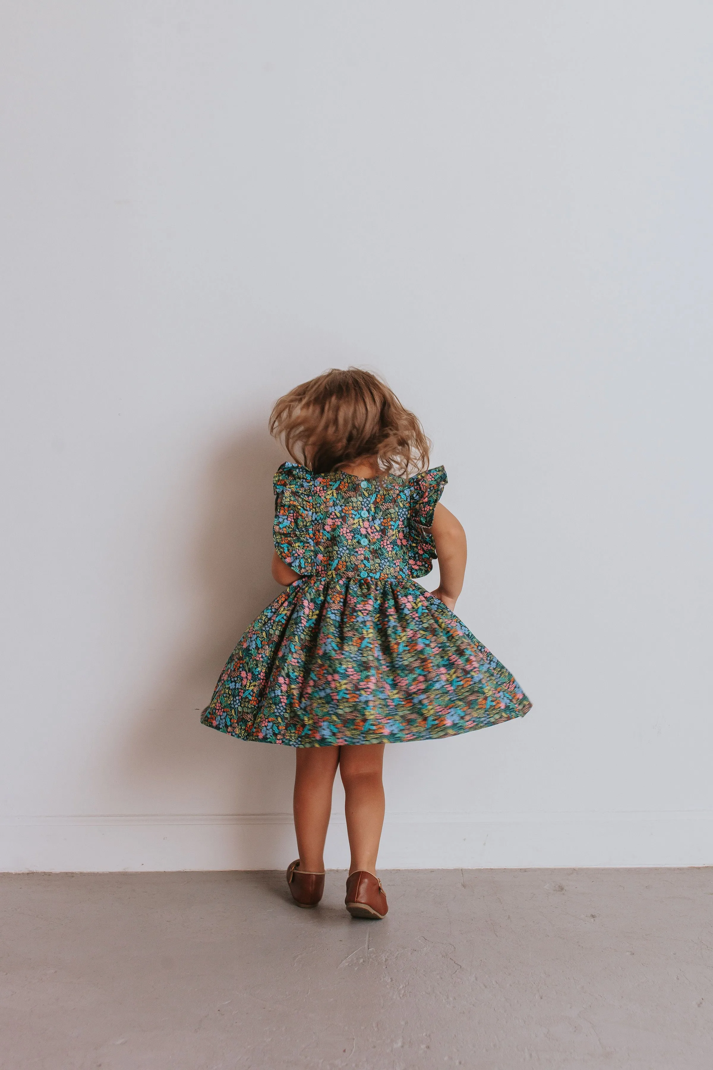 Girl's Navy and Pink Rifle Paper Floral Print Ruffle Cotton Dress