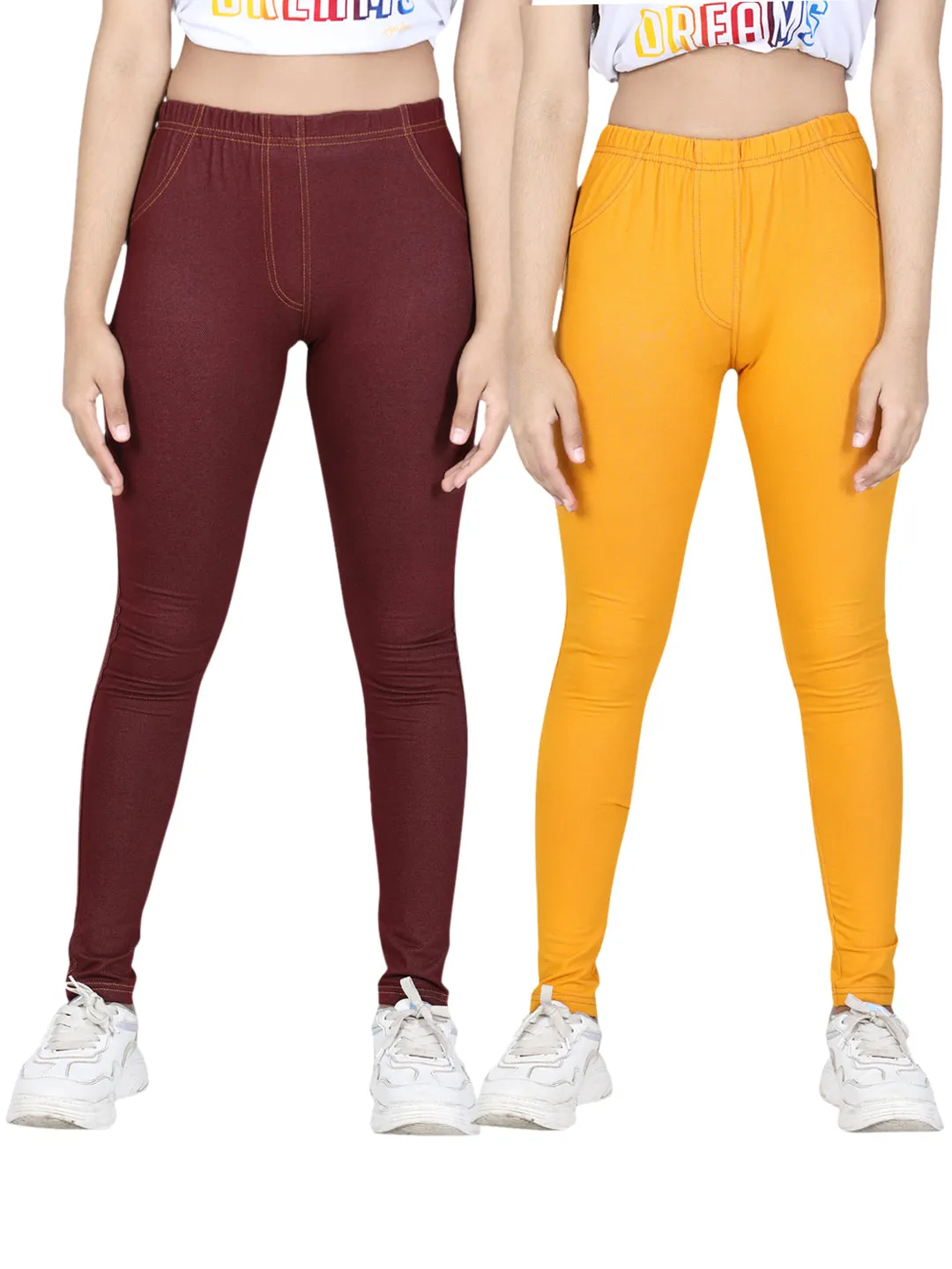 Girl's Pack Of 2 Cotton Jeggings-Brown & Mustard - Stylestone Kid