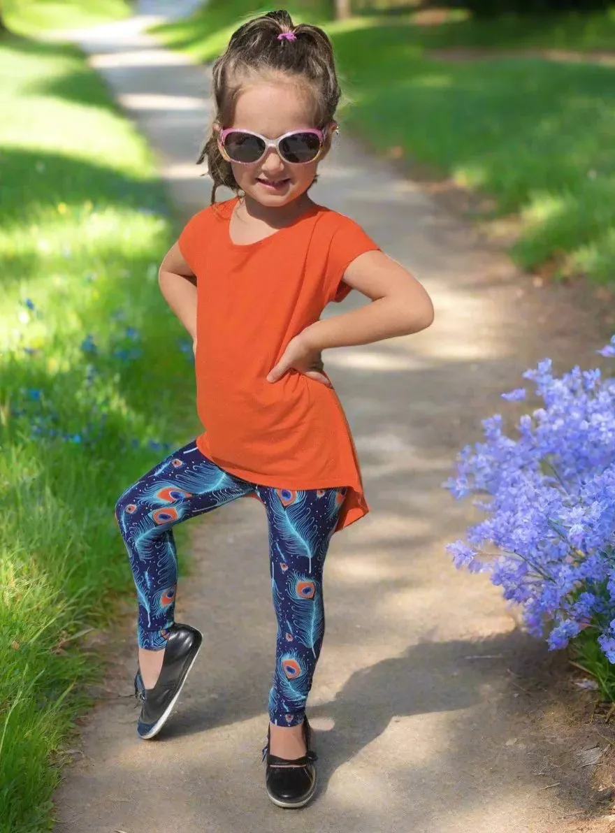 Girls Peacock Leggings, Kids Yoga Pants, Sizes S/L, No-Roll Waist, Blue/Orange