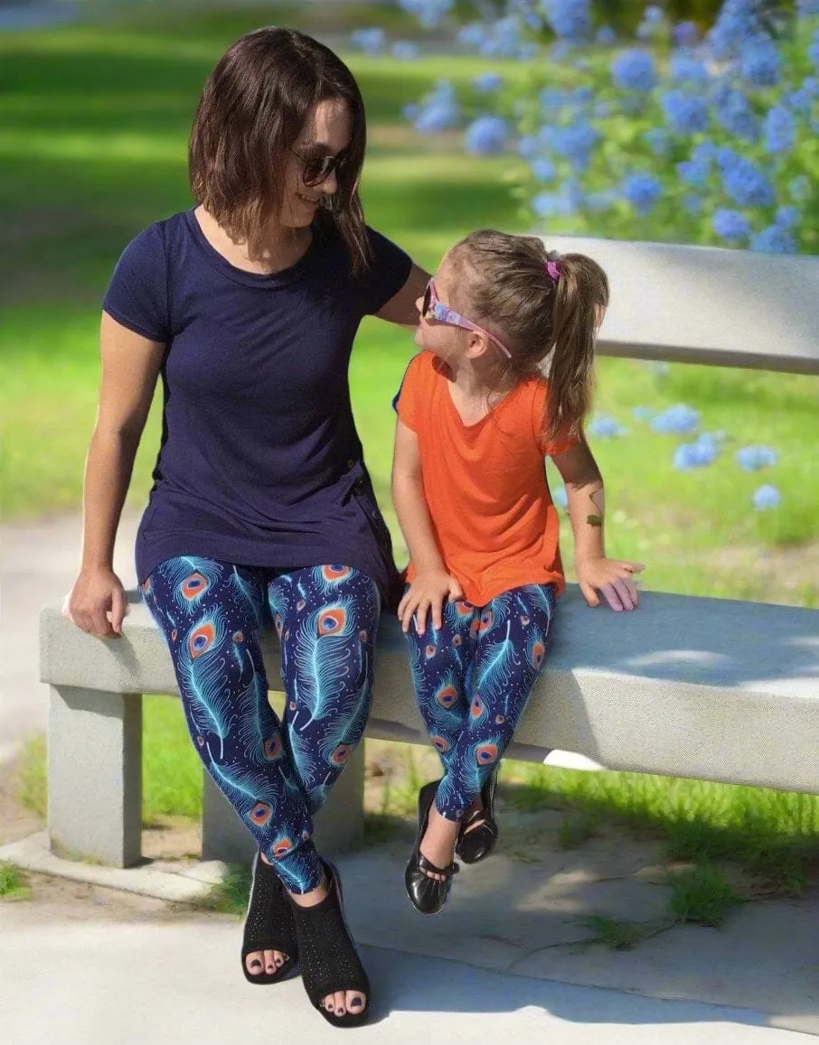 Girls Peacock Leggings, Kids Yoga Pants, Sizes S/L, No-Roll Waist, Blue/Orange