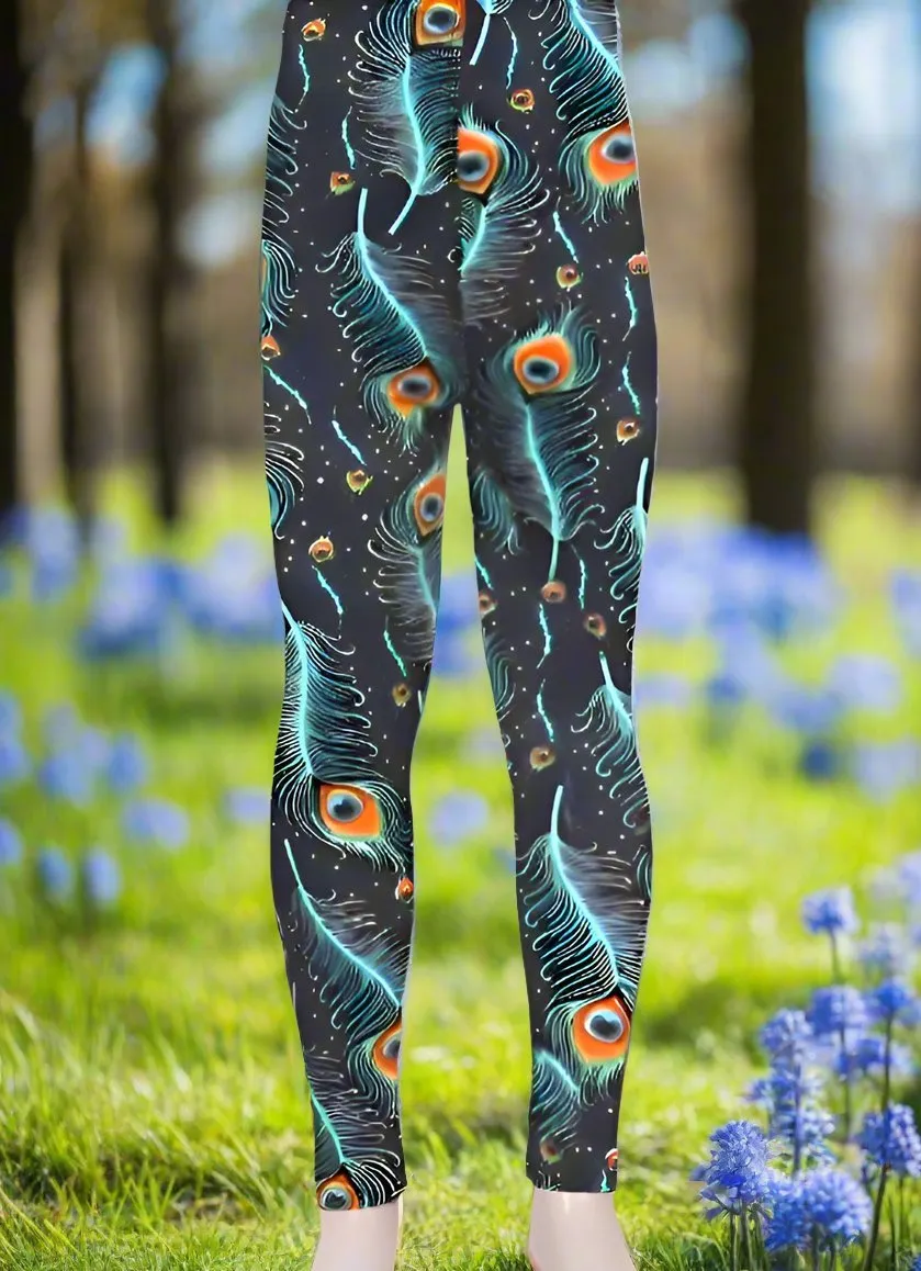 Girls Peacock Leggings, Kids Yoga Pants, Sizes S/L, No-Roll Waist, Blue/Orange