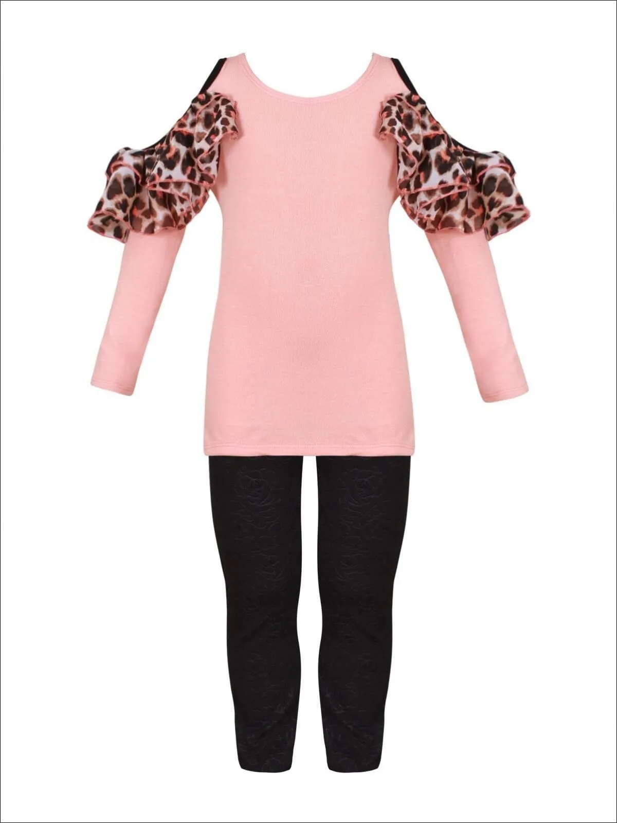 Girls Pink Cold Shoulder Long Sleeve Tunic with Animal Print Ruffles And Black Rose Print Pencil Pants Set