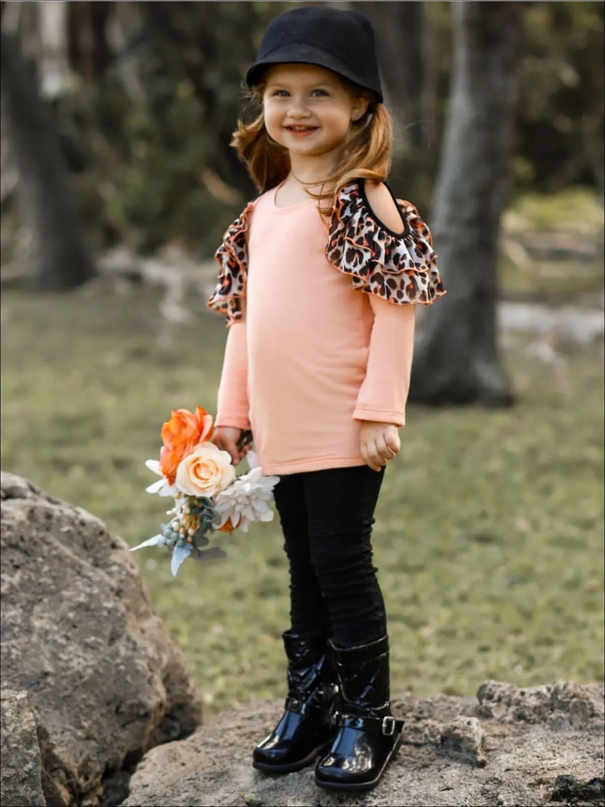 Girls Pink Cold Shoulder Long Sleeve Tunic with Animal Print Ruffles And Black Rose Print Pencil Pants Set