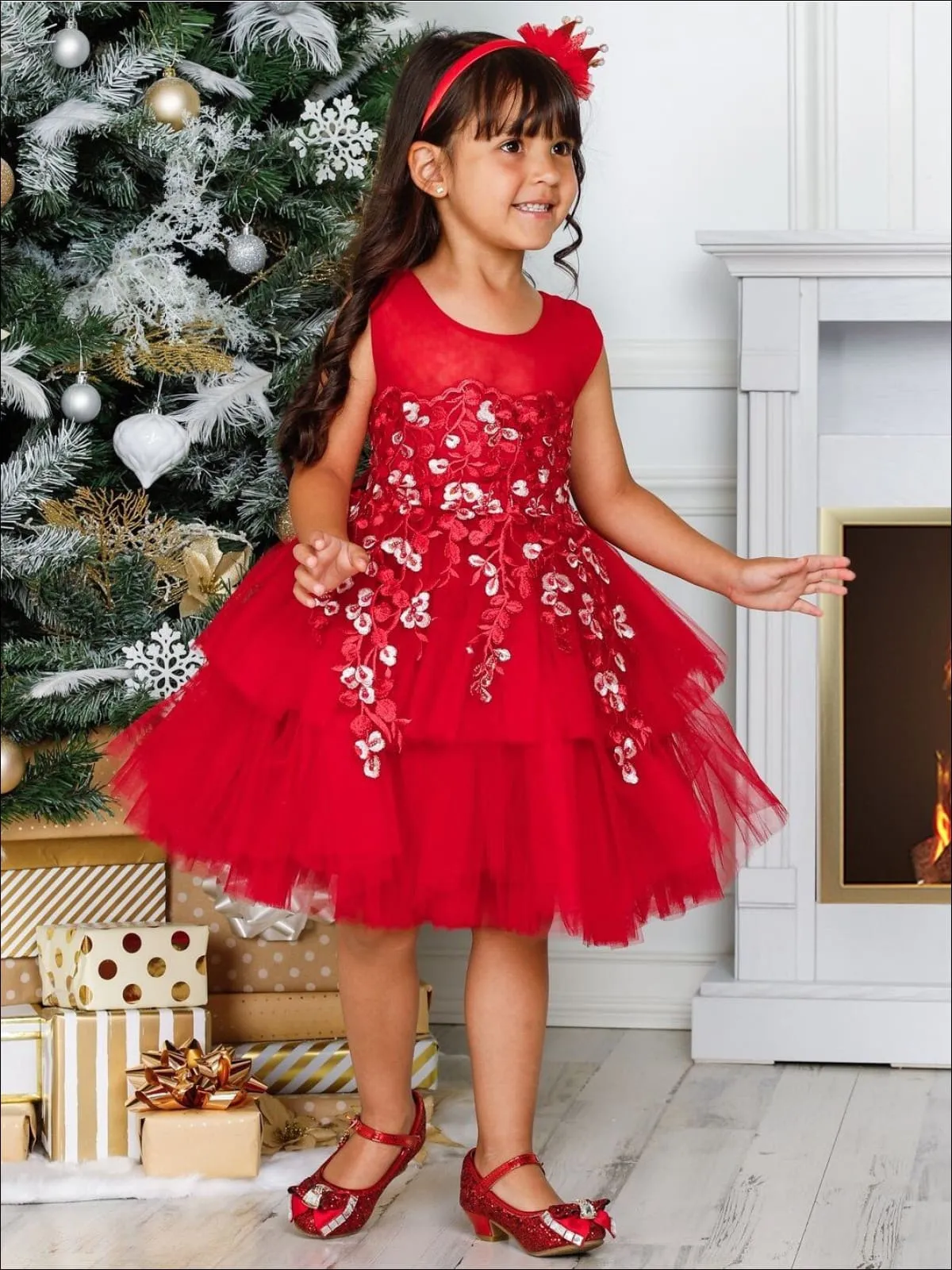 Girls Red Floral Embroidered Tiered Special Occasion Dressy Dress