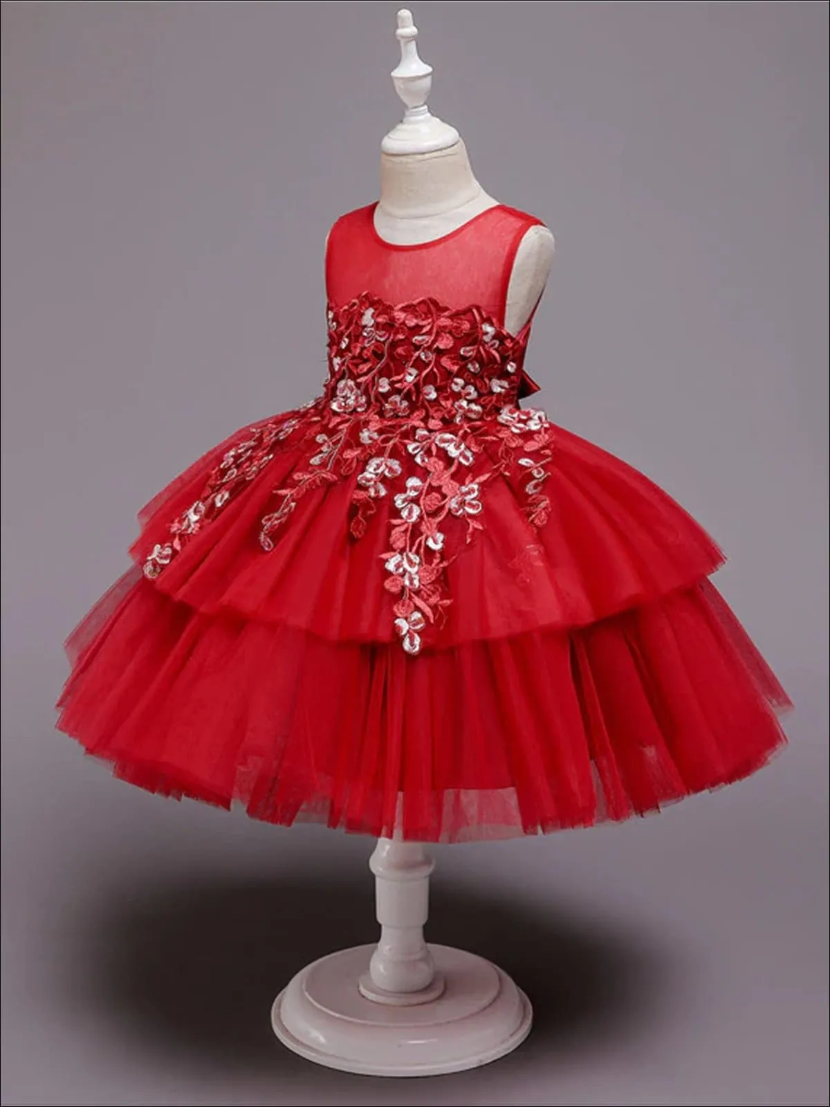 Girls Red Floral Embroidered Tiered Special Occasion Dressy Dress