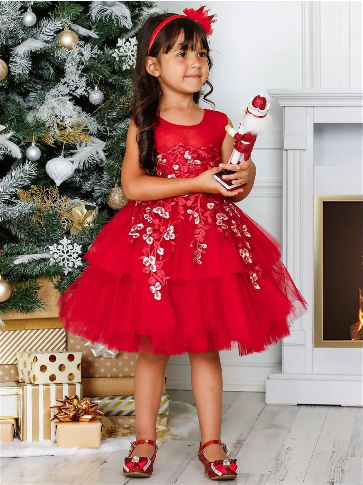 Girls Red Floral Embroidered Tiered Special Occasion Dressy Dress