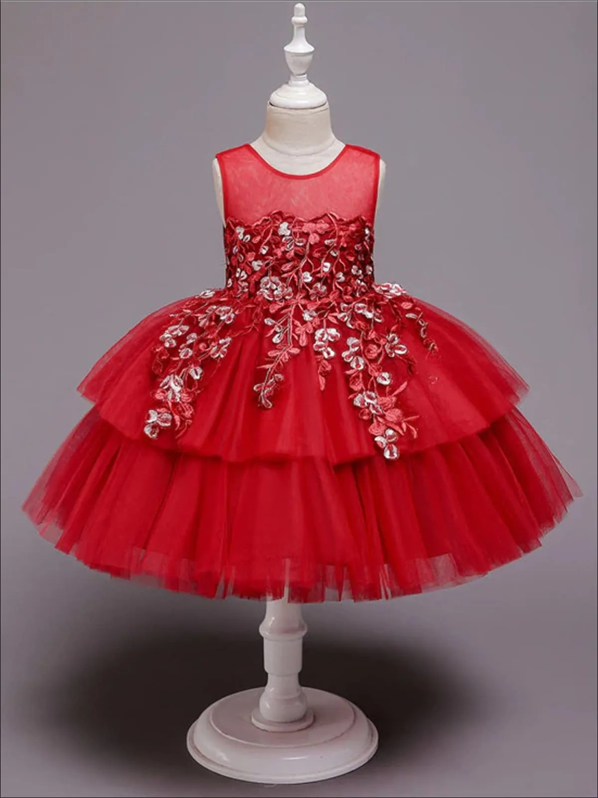 Girls Red Floral Embroidered Tiered Special Occasion Dressy Dress