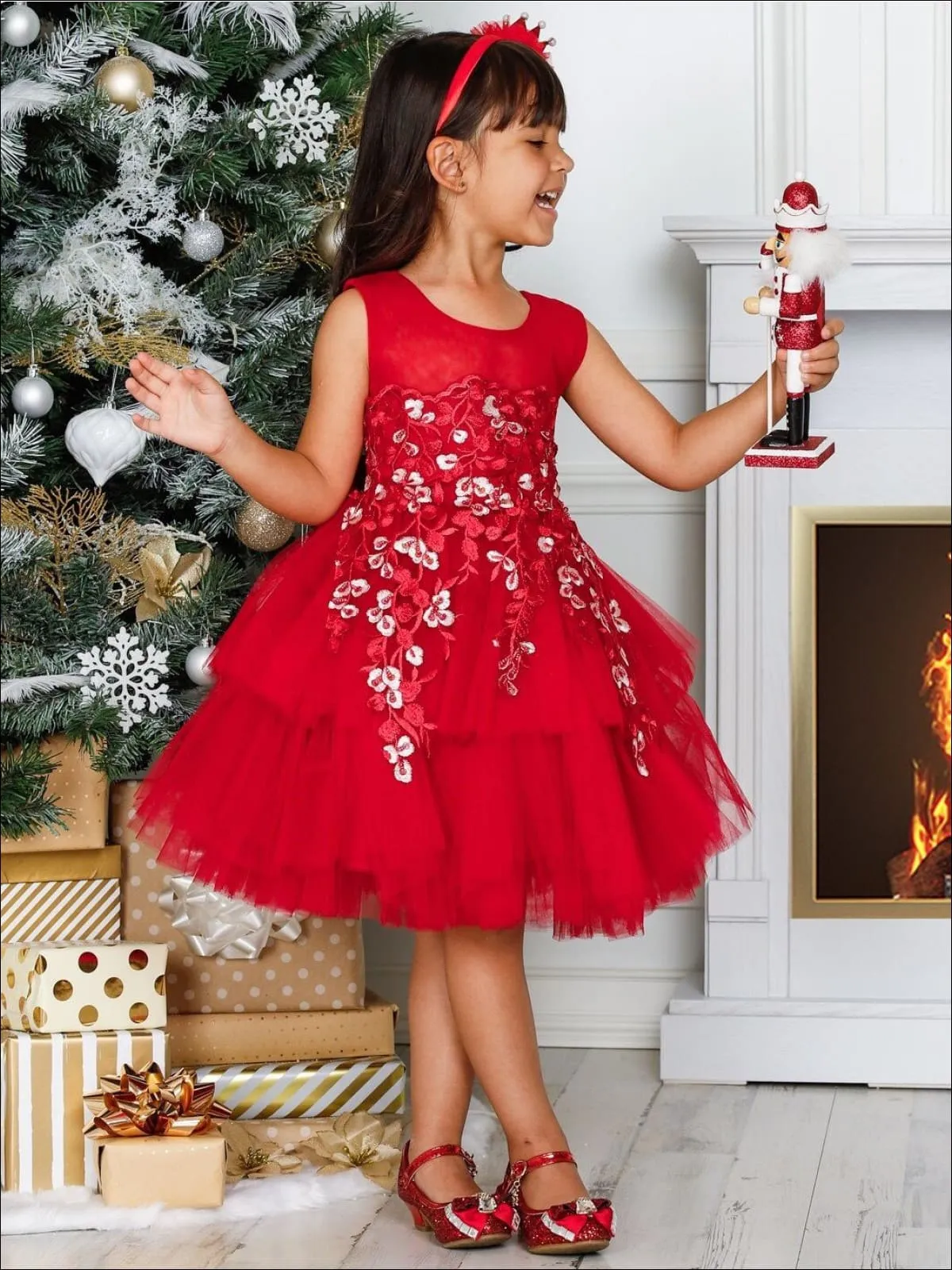 Girls Red Floral Embroidered Tiered Special Occasion Dressy Dress