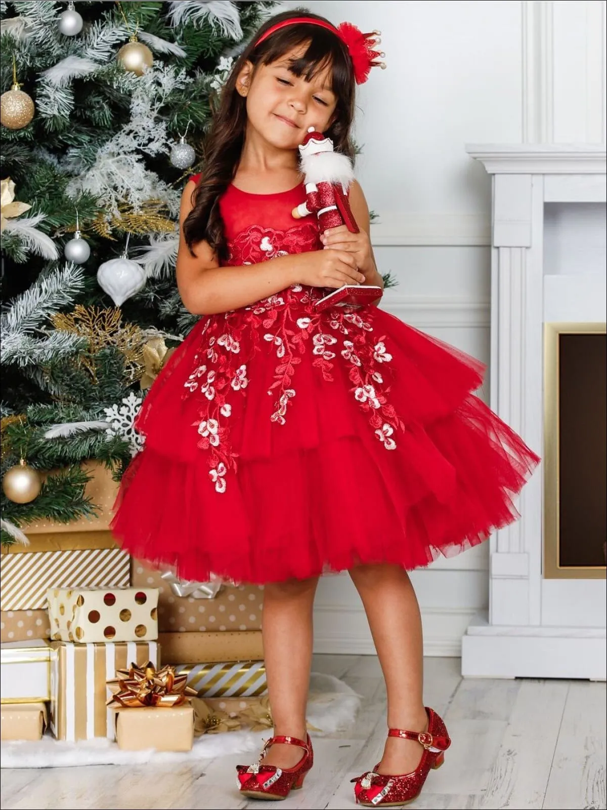 Girls Red Floral Embroidered Tiered Special Occasion Dressy Dress