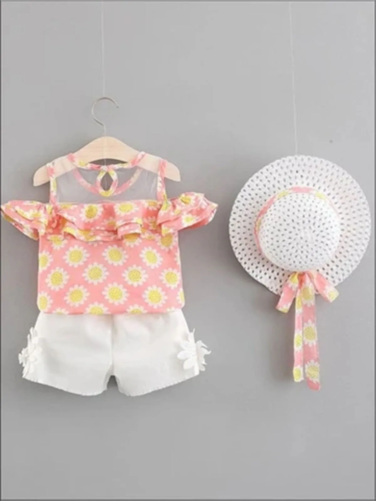 Girls Spring Floral Print Tunic And White Short Set with Matching Hat