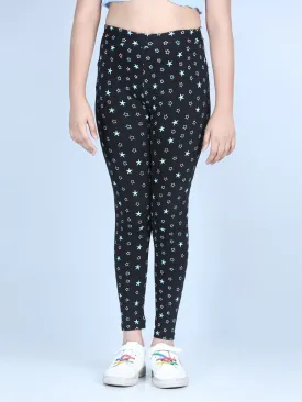 Girl's Star Printed Leggings With Flat Waistband- Black - Stylestone Kid