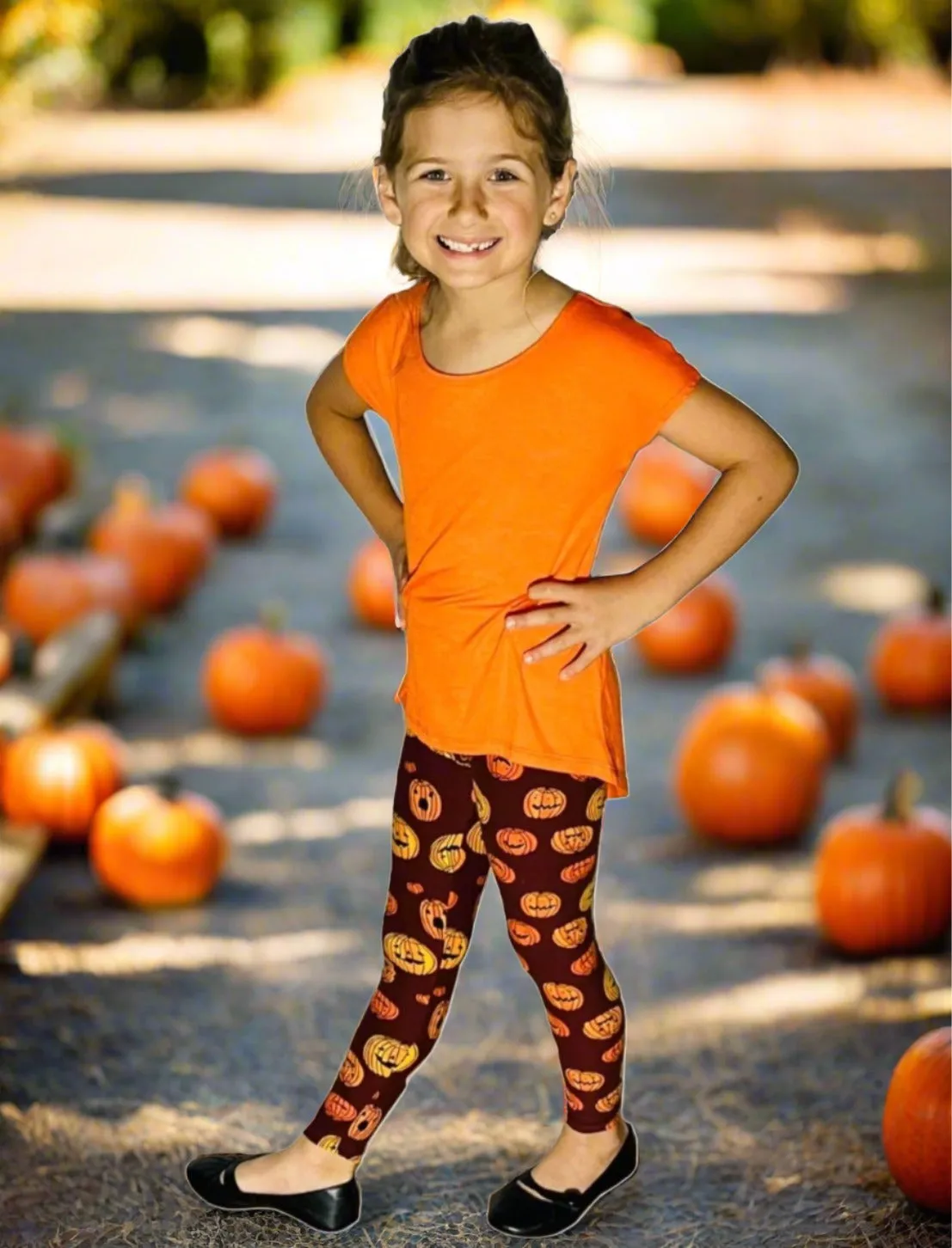 Girls Thanksgiving Pumpkin Leggings, Kids Yoga Pants, Sizes S/L, No-Roll Waist, Orange/Black