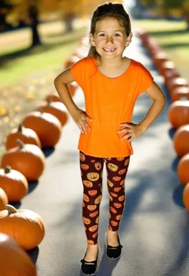 Girls Thanksgiving Pumpkin Leggings, Kids Yoga Pants, Sizes S/L, No-Roll Waist, Orange/Black