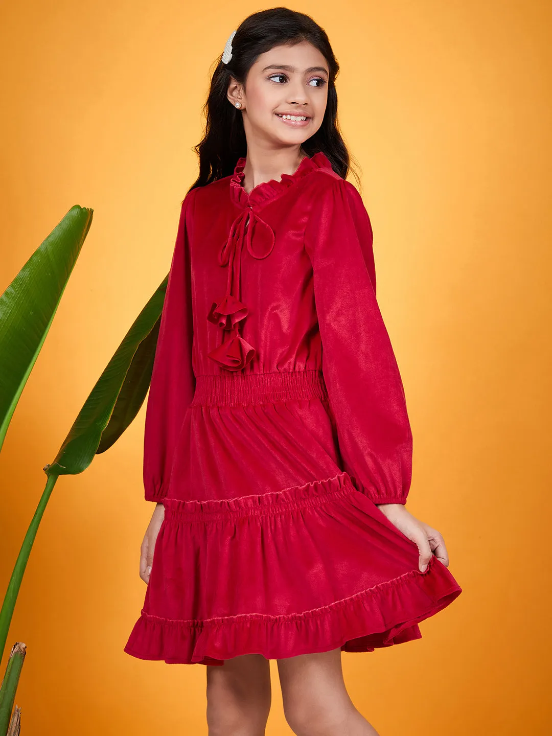 Girls Tie-Up Neck Puff Sleeves Gathered Velvet Fit Flare Dress - Ps Peaches