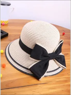 Girls White Vintage Style Black Bow Tie Cloche Hat