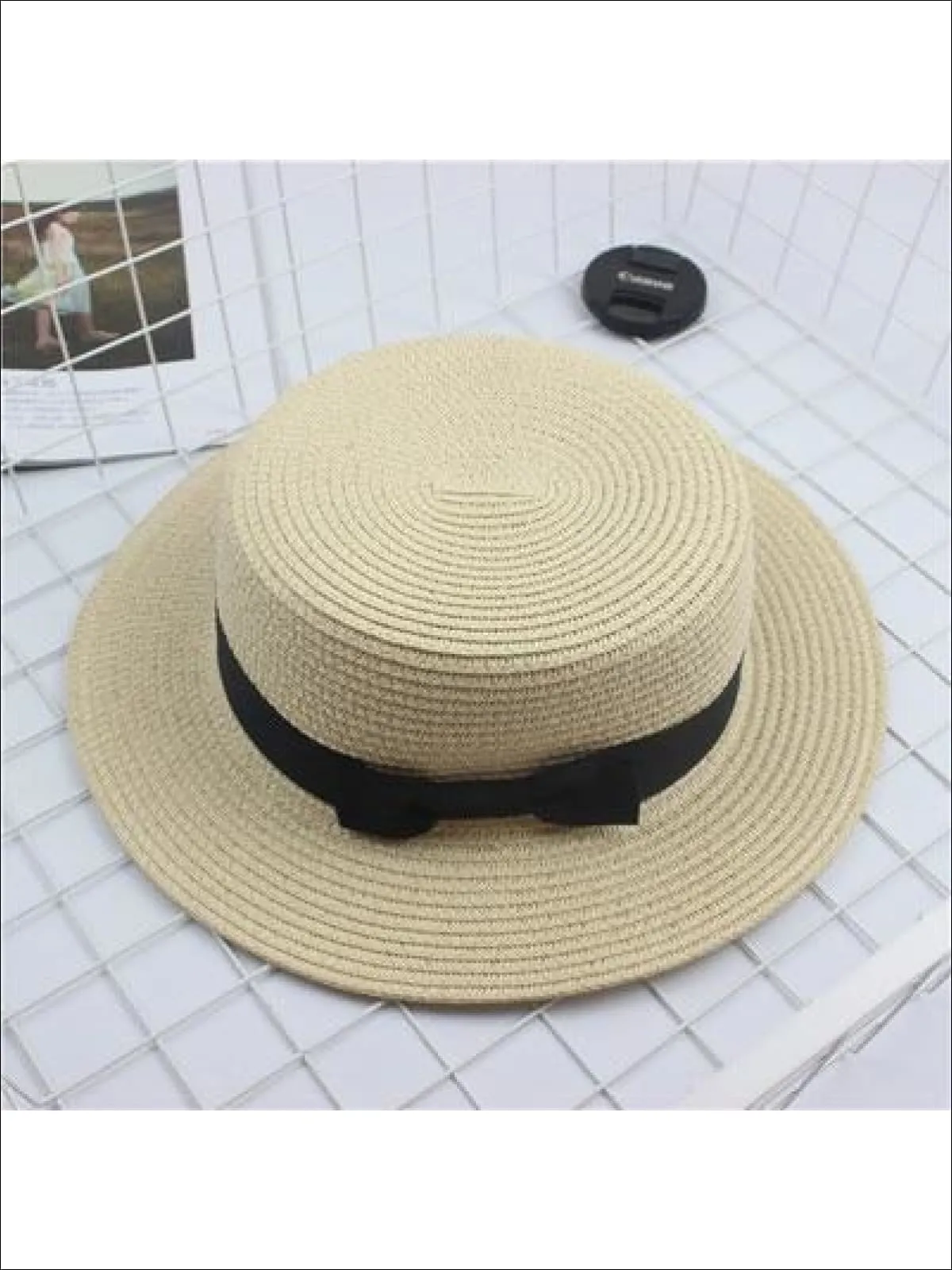 Girls Woven Straw Fedora Hat with Bow Tie (Multiple Color Options)