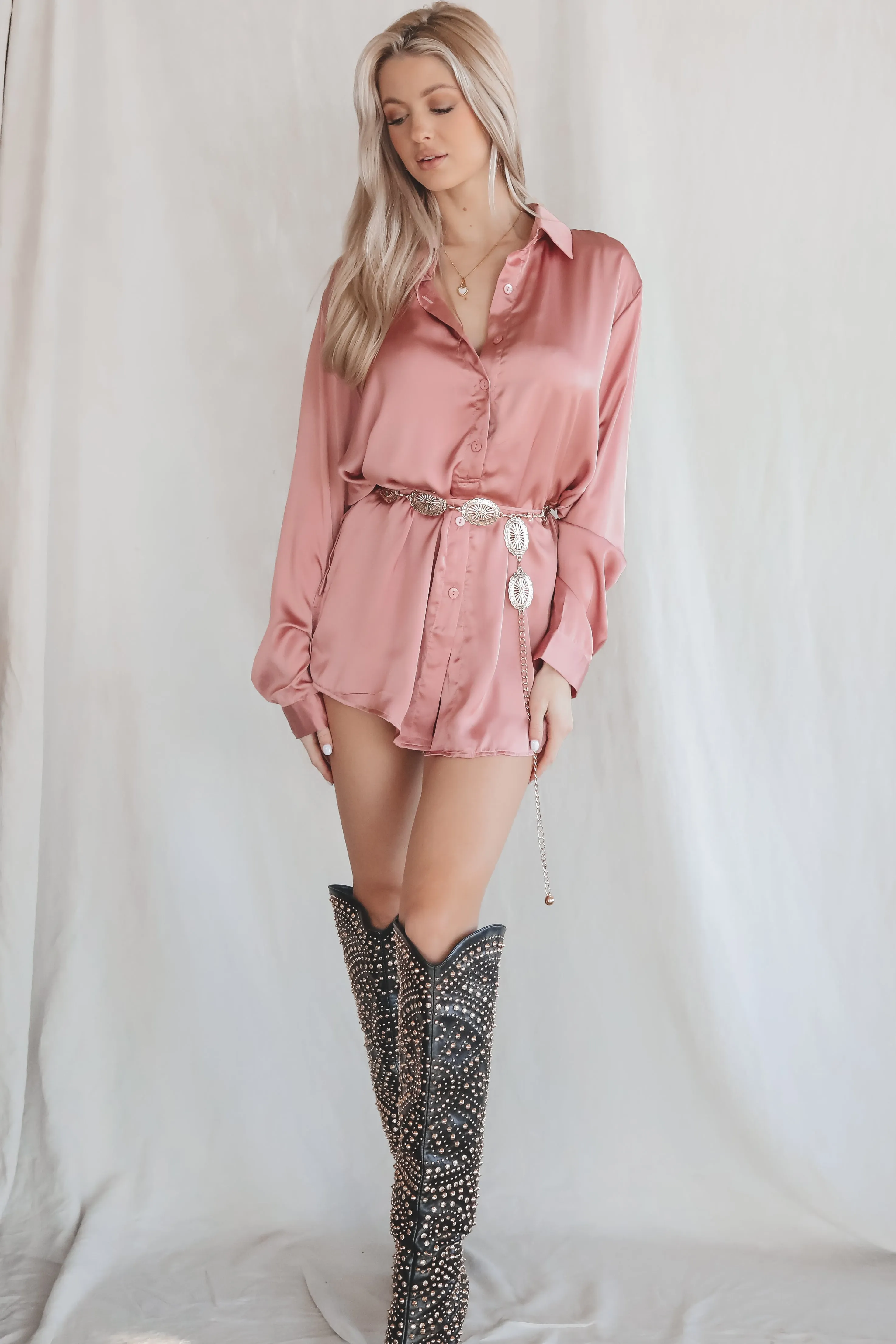 Giving Beverly Hills Satin Button Up Romper Dress