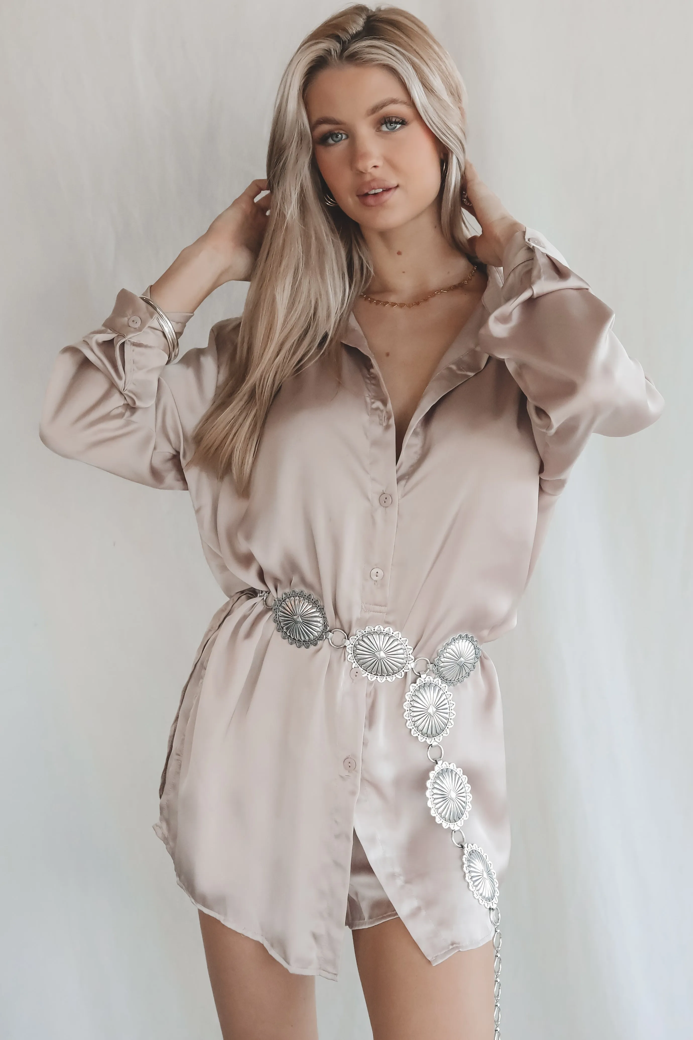 Giving Beverly Hills Satin Button Up Romper Dress