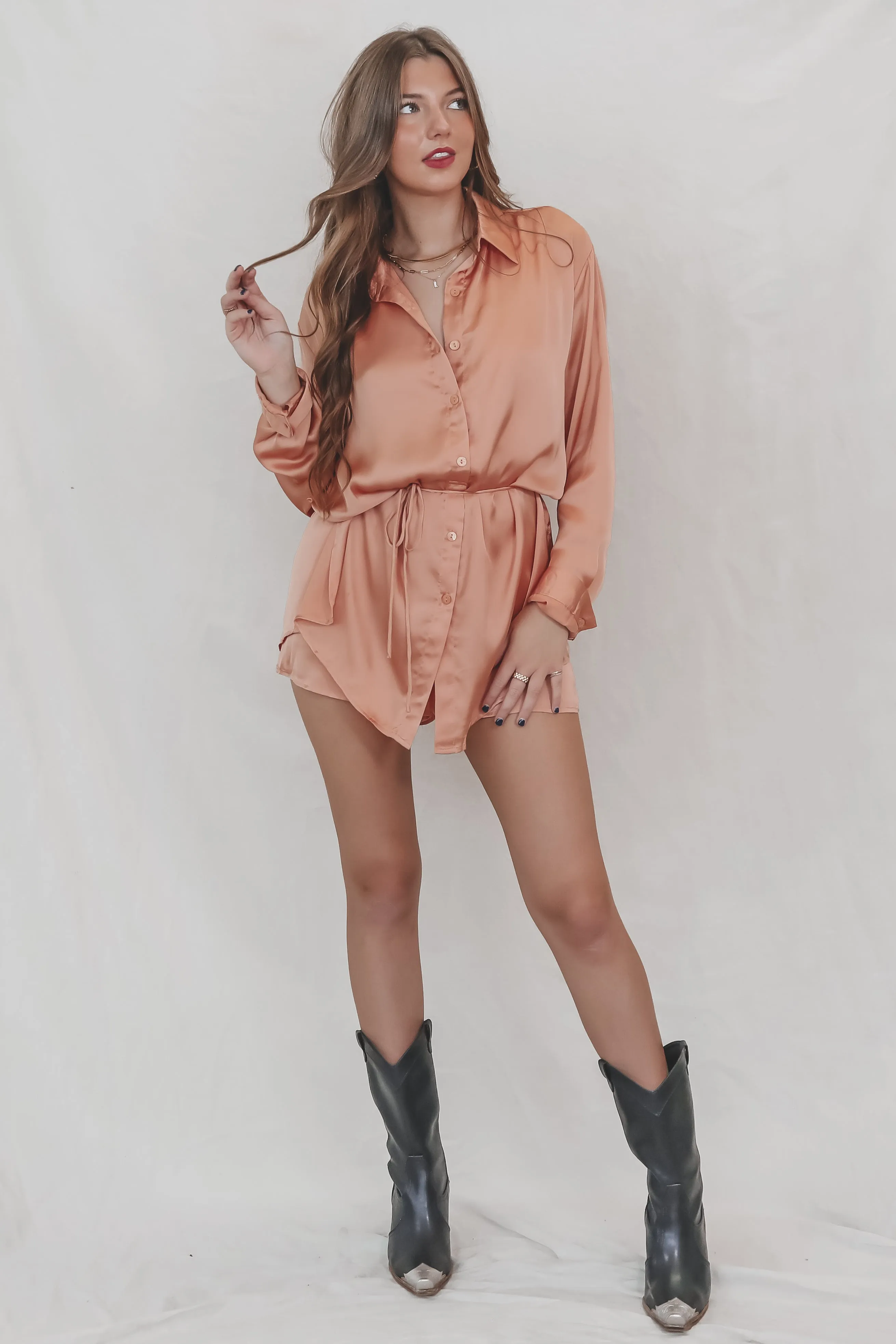 Giving Beverly Hills Satin Button Up Romper Dress