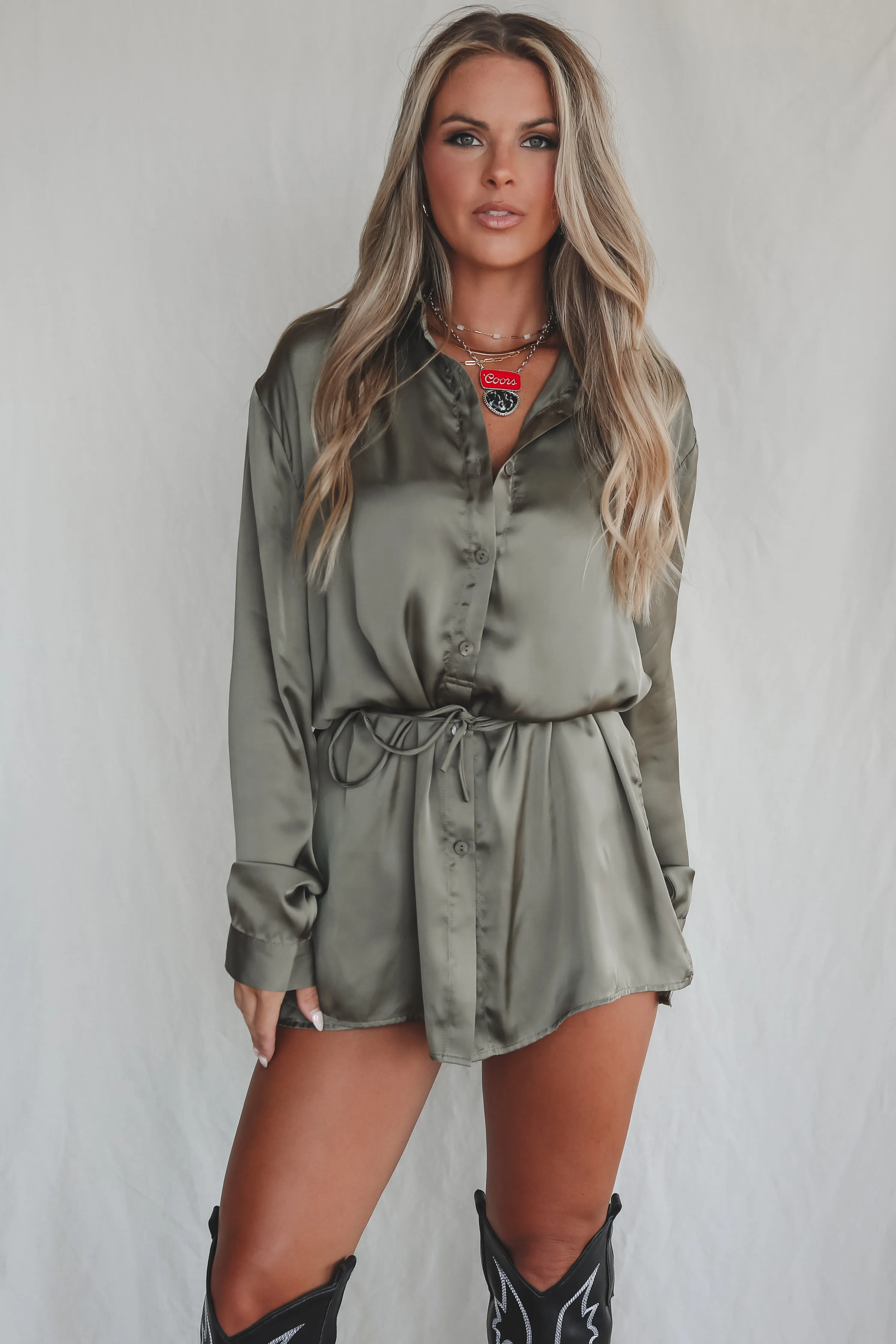 Giving Beverly Hills Satin Button Up Romper Dress