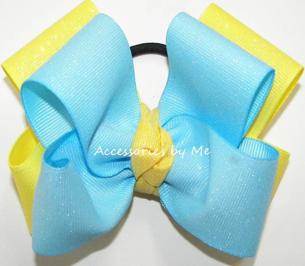 Glitter Blue Topaz Yellow Cheer Bow