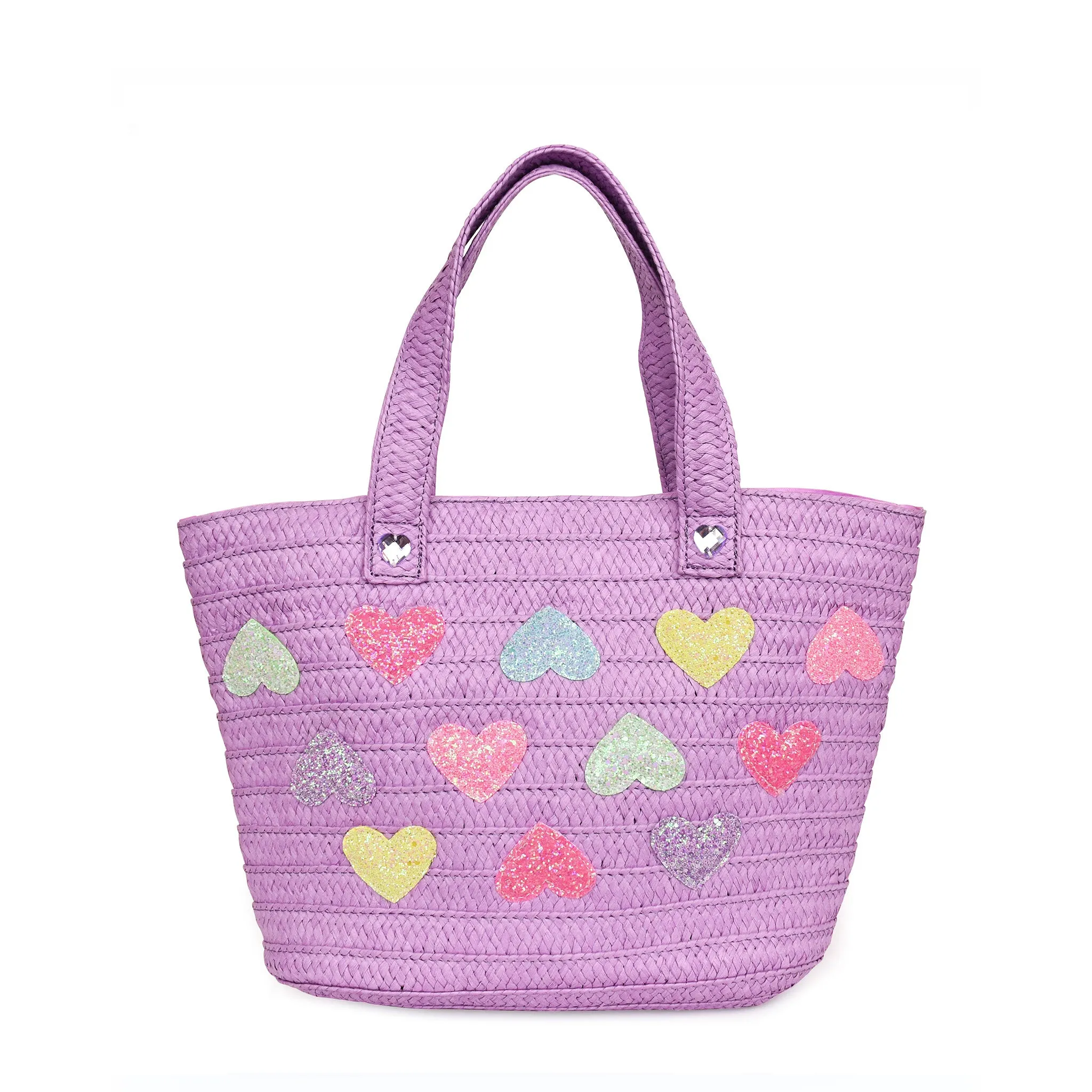 Glitter Heart-Patched Straw Tote Bag