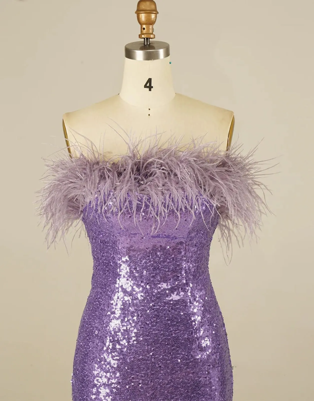 Glitter Strapless Lilac Sequin Mini Homecoming Dress, Feather