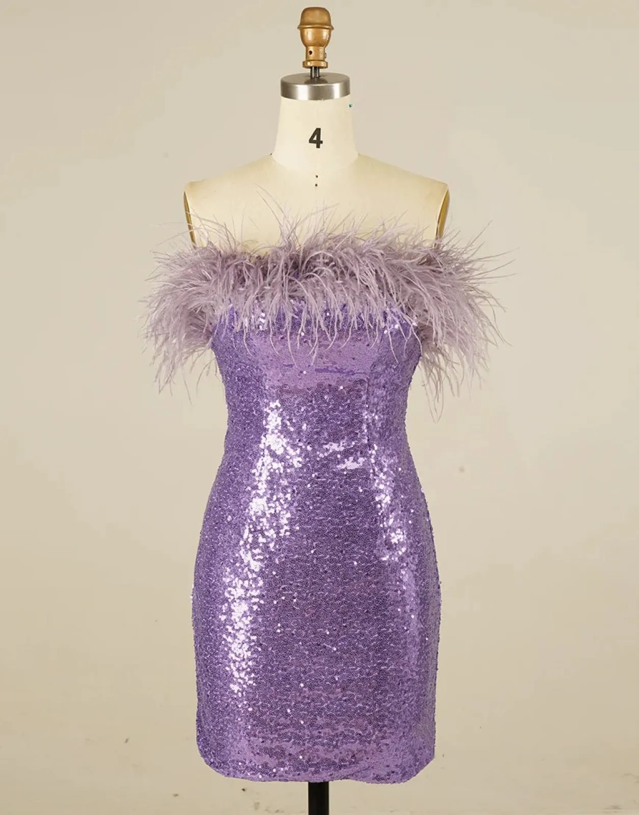 Glitter Strapless Lilac Sequin Mini Homecoming Dress, Feather