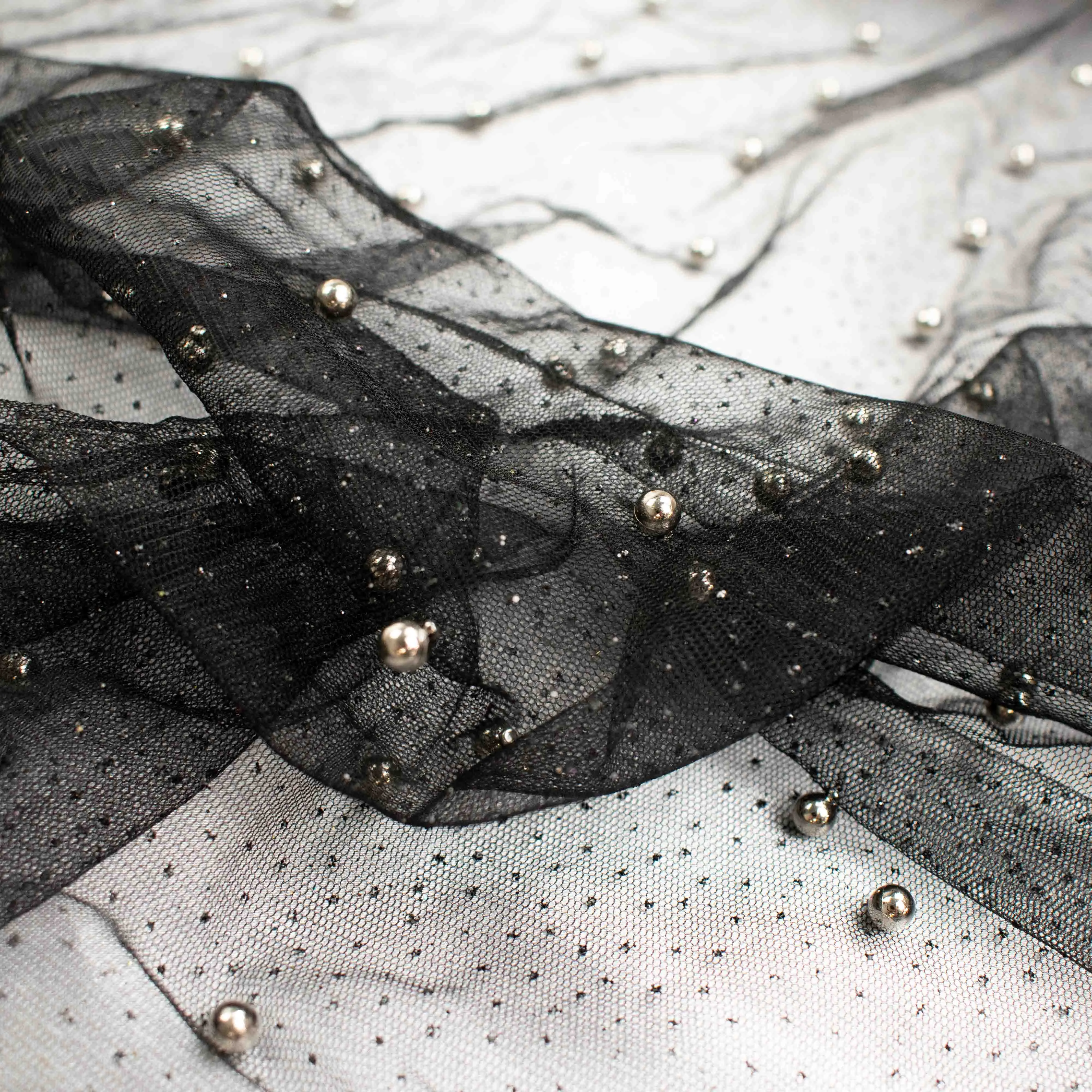 Glitter Tulle Pearl Netting Black Silver