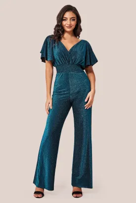 Goddiva Lurex Wrap Style Jumpsuit - Blue