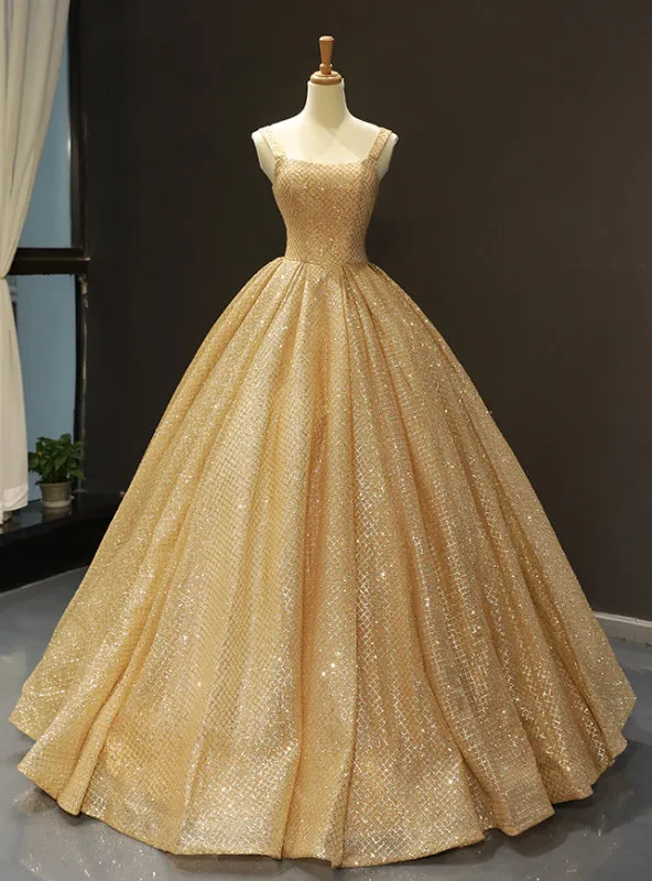 Gold Ball Gown Sequins Straps Floor Length Sweet 16 Prom Dress