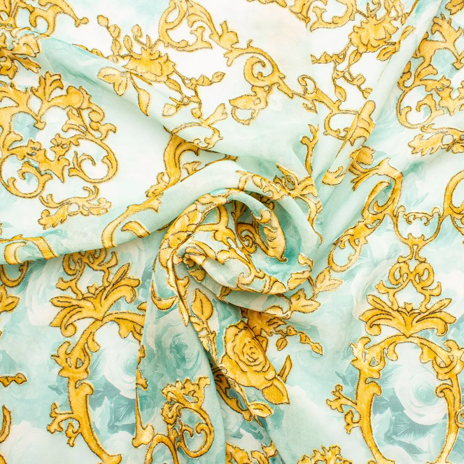 Gold Filigree & Pale Blue Devoré Velvet