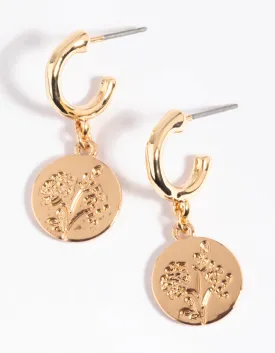 Gold Flower Disc Huggie Hoop Earrings