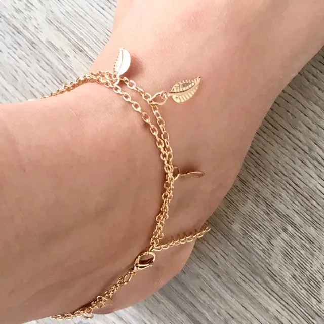 GOLD MULTI LAYER BOHO ANKLET / ANKLE BRACELET WITH LEAF AND BALL DESIGN