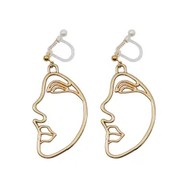 Gold Picasso Face Side Invisible Clip On Earrings