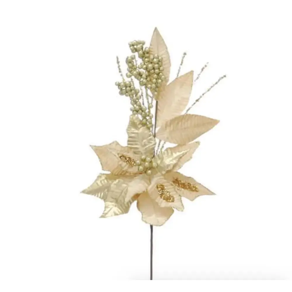 Gold Poinsettia With Leaves And Strands Spray 69cm