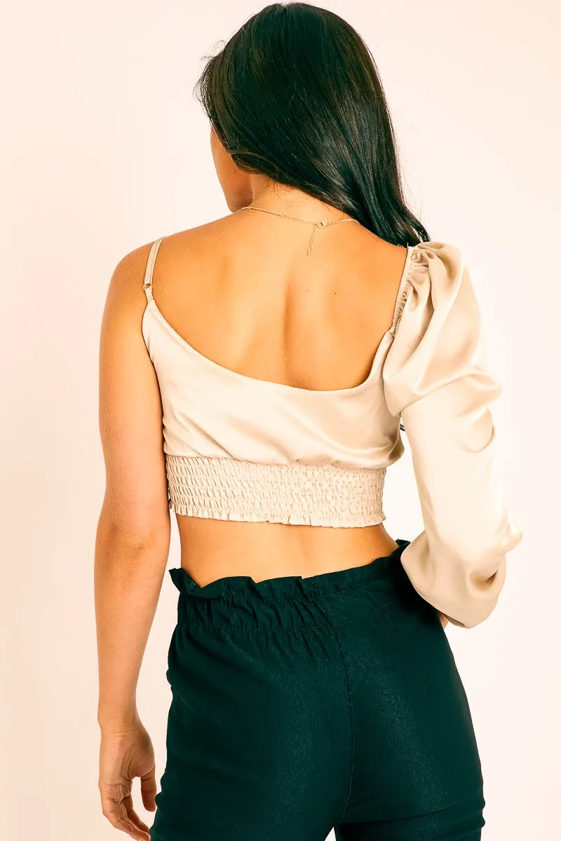 Gold Satin Tie Detail One Sleeve Crop Top - Joni