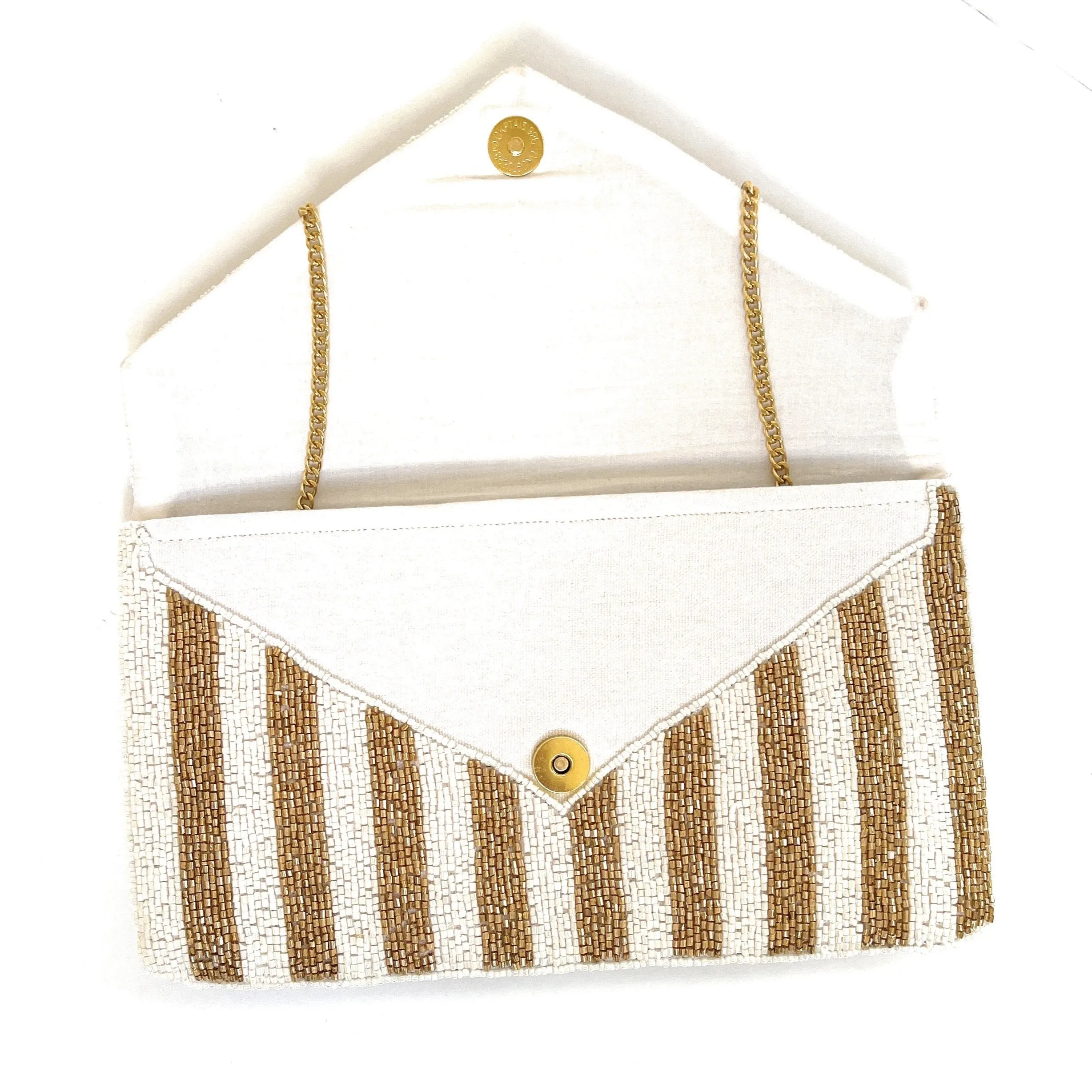 Gold White Striped Beaded Clutch Purse