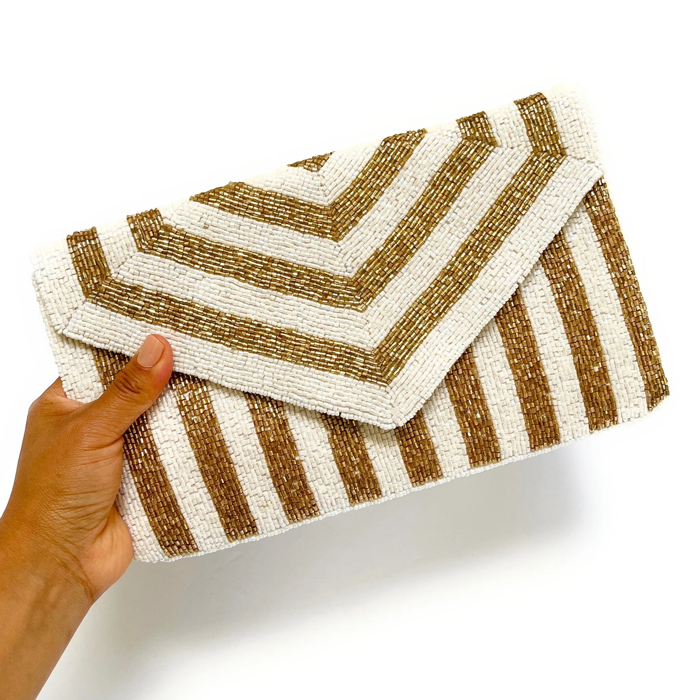 Gold White Striped Beaded Clutch Purse