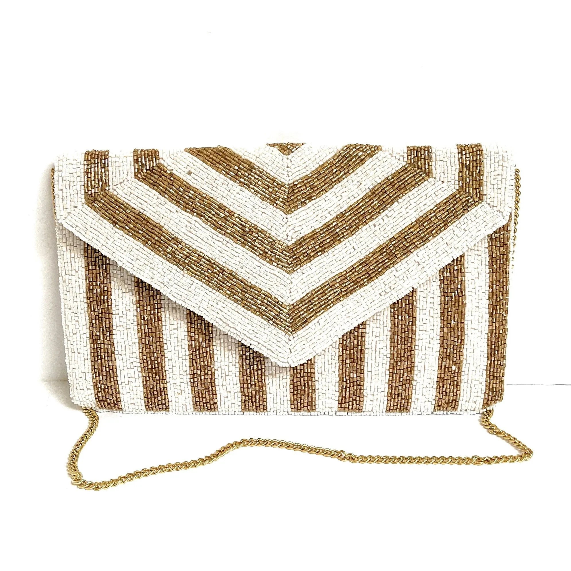 Gold White Striped Beaded Clutch Purse