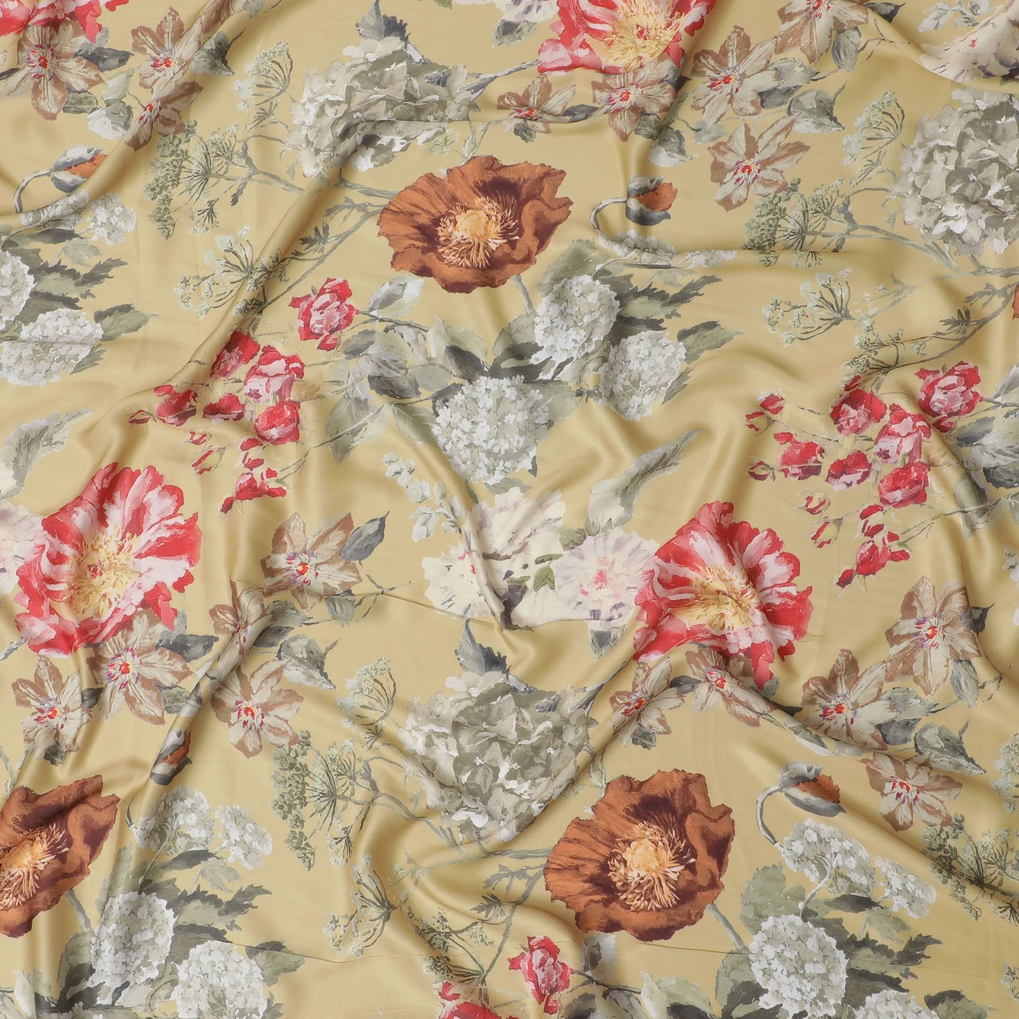 Golden Amber Floral Synthetic Modal Satin Fabric - Vibrant Blossom Print, 110cm - Buy Online-D17979