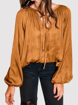 Golden Brown Tie Neck Balloon Sleeve Blouse Women's Casual Long Sleeve Top