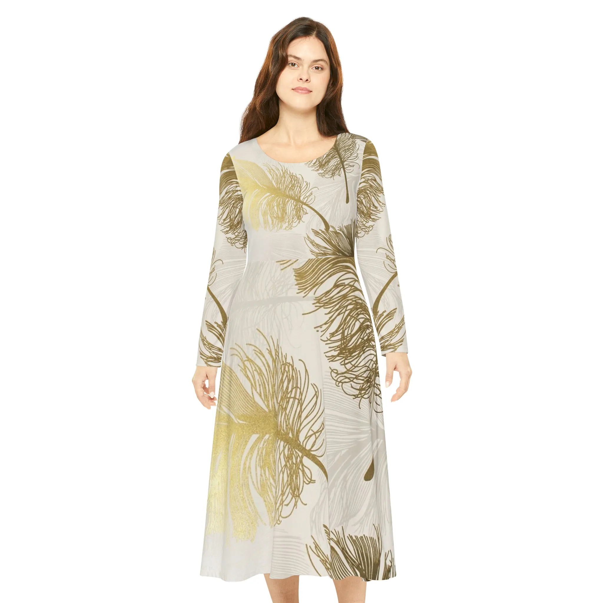 Golden Feathers - Inovax Women's Long Sleeve Dance Dress