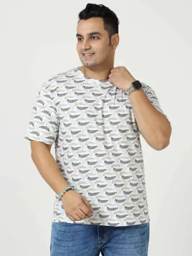 Golden Grey Leaf Digital Printed Round Neck T-Shirt Men's Plus Size