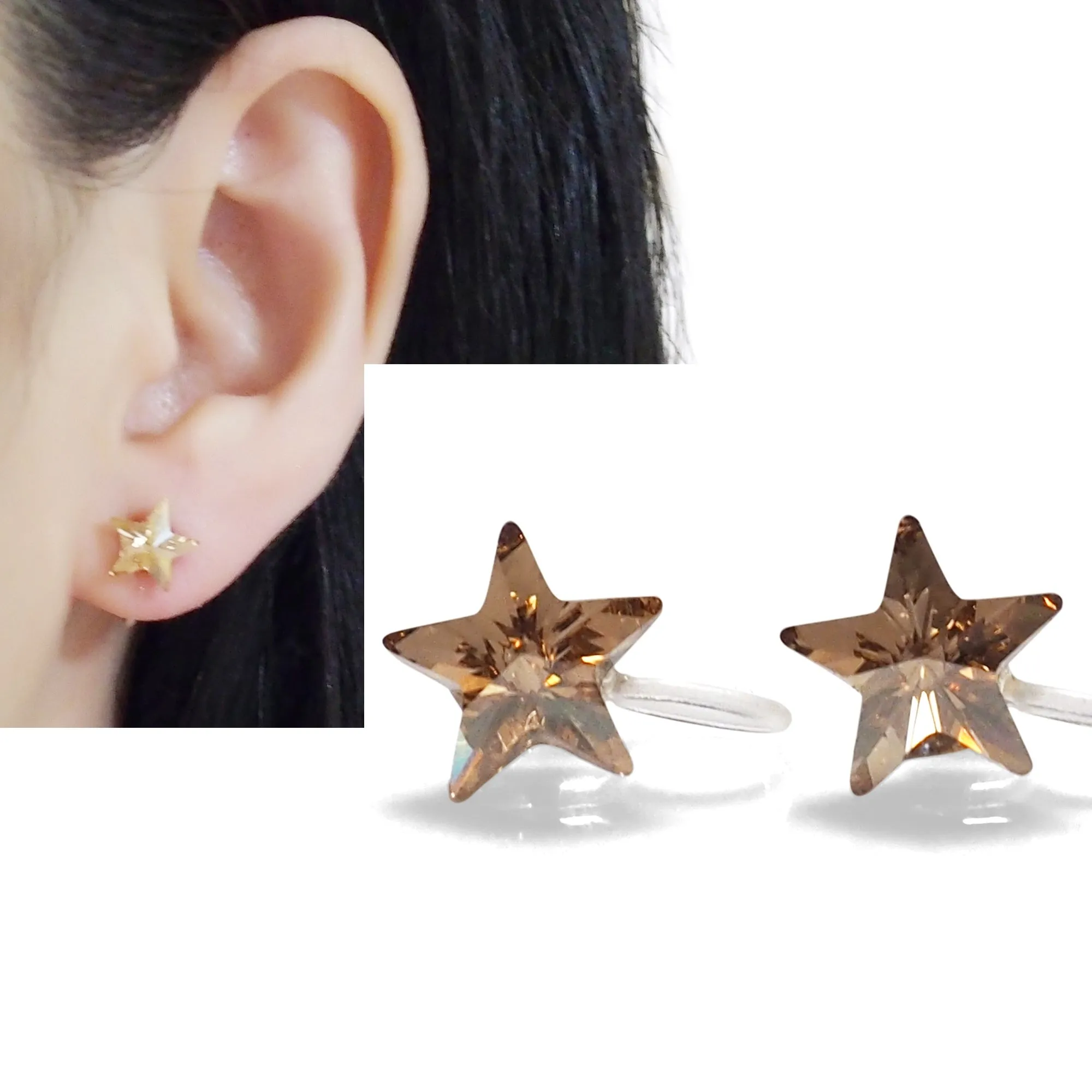 Golden Shadow Star Swarovski crystal invisible clip on earrings