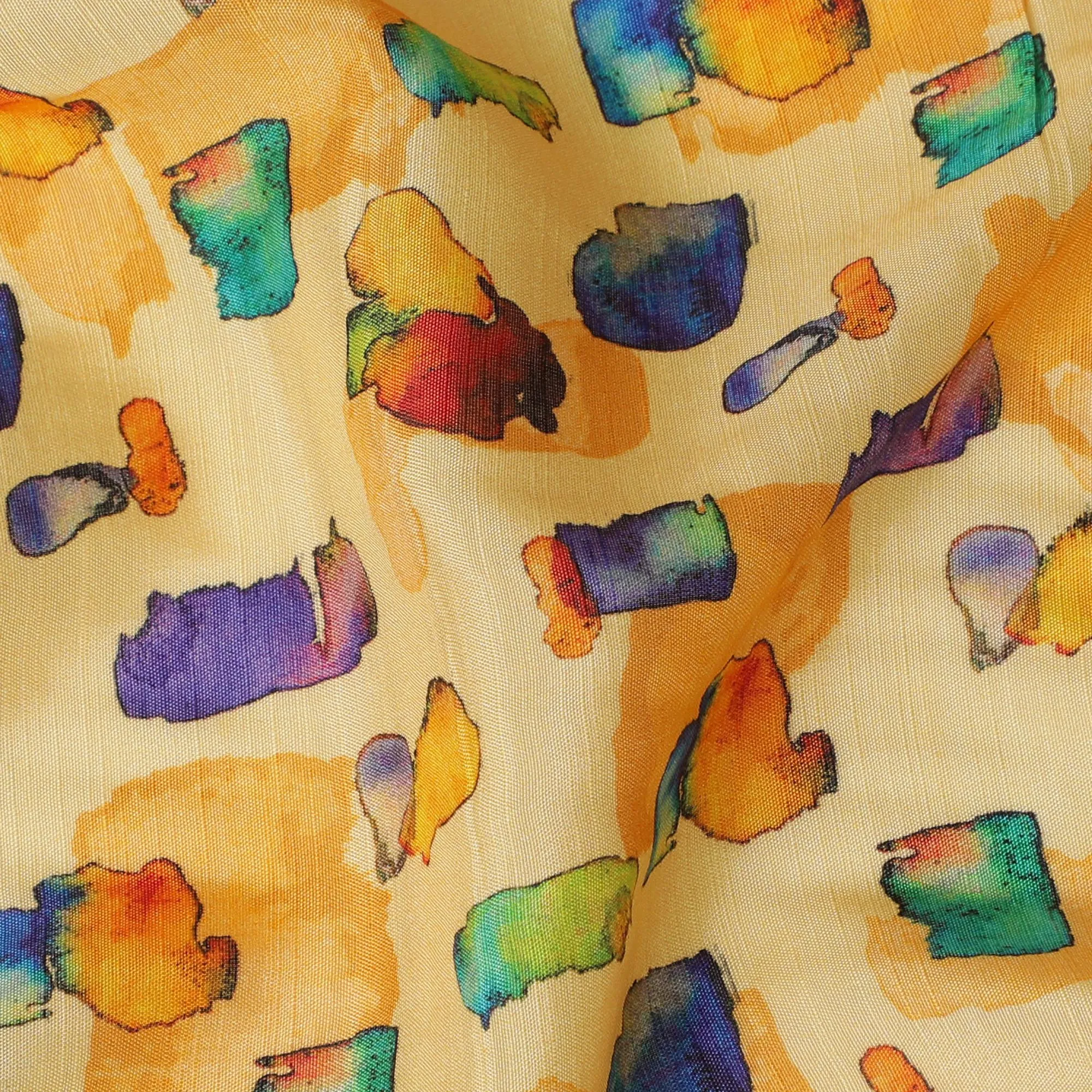 Golden Yellow and Multicolor Abstract Viscose Modal Satin Fabric - 110 cm Width-D19987