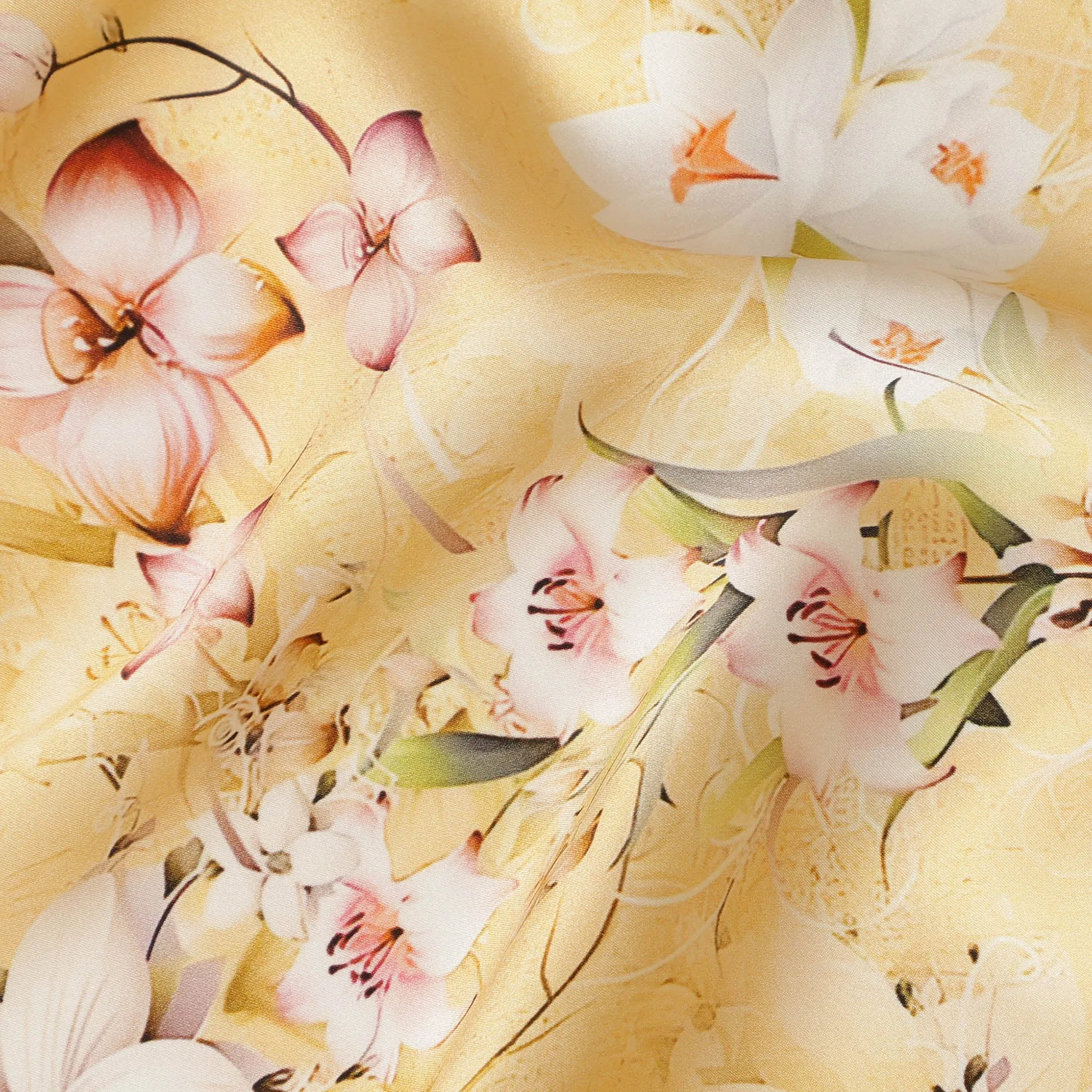 Golden Yellow Floral Pure Silk Satin Fabric - 140 cm Width, Made in Italy-D20736