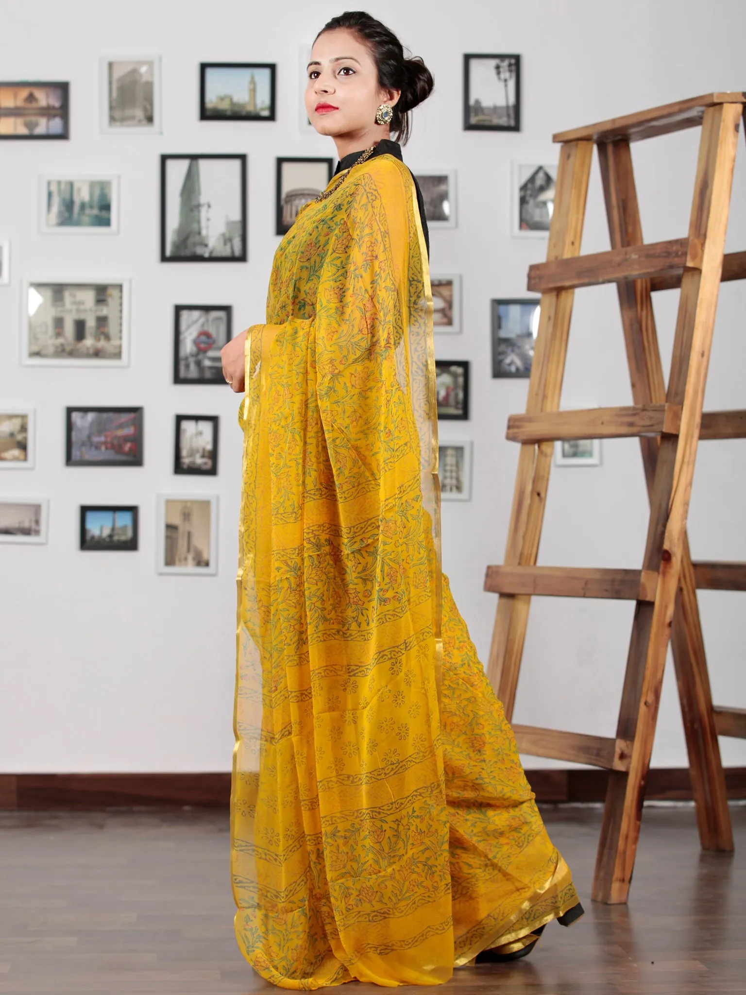 Golden Yellow Green Hand Block Printed Chiffon Saree with Zari Border (Without Blouse) - S031702748