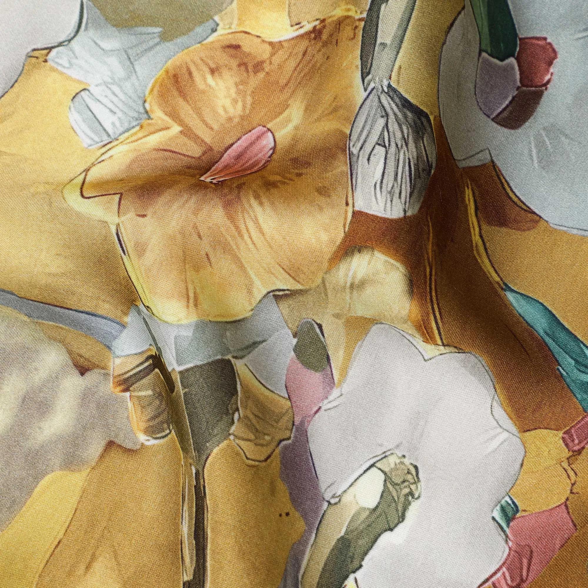 Golden Yellow Synthetic Modal Satin Fabric with Large Floral Print, 110 cm Width-D20952