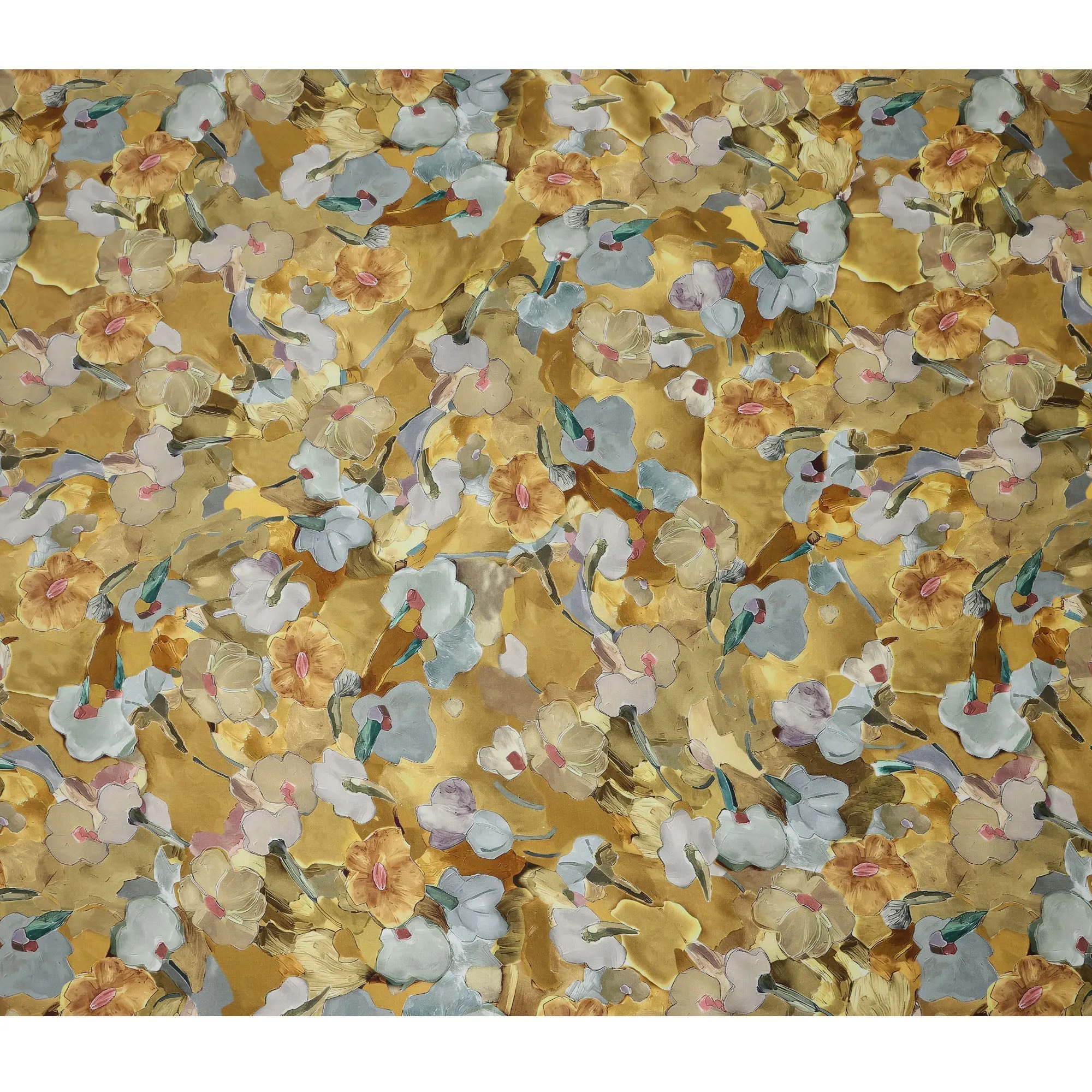 Golden Yellow Synthetic Modal Satin Fabric with Large Floral Print, 110 cm Width-D20952